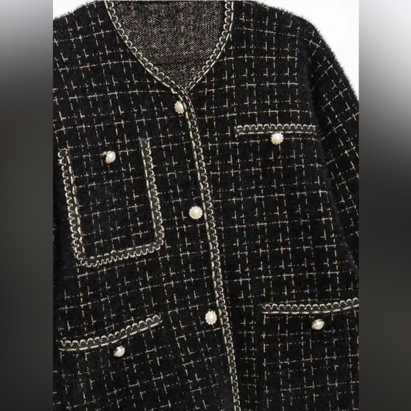 Plaid Faux Pearl Button Tweed Jacket/ Knitting Cardigan - Picture 6 of 10